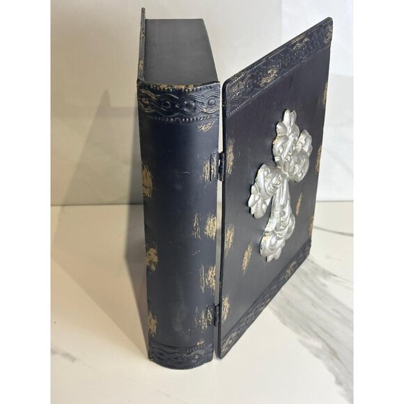 Vintage Bible Iron Case Black with Silver Cross Religious Decorative Storage Box - Picture 3 of 7